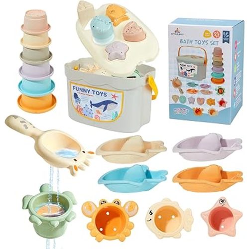 Bath Toys, 21PCS | Montessori Toys for Babies with Shapes for Sorting Play & Stacking Cups | Bath Boats & Spoon with Storage Container | Educational & Mold Free Bathtub Water Toys for Toddler Gifts