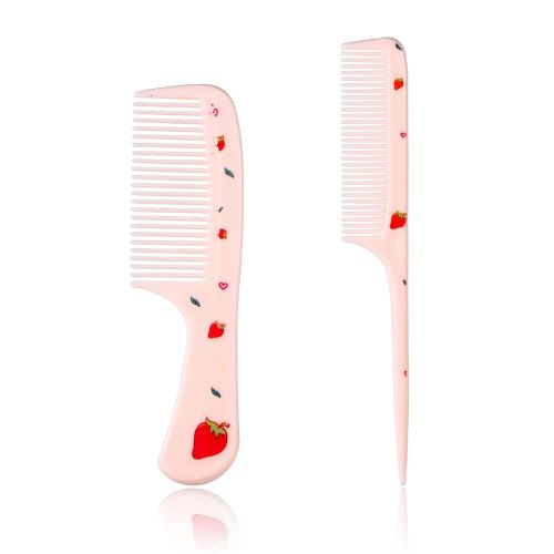 2pcs Cute Hair Comb Set, Pink Strawberry Baby Comb Fine Tooth Comb & Rat Tail Comb Toddler Tiny Hair Comb Small Girls Comb Plastic Mini Kids Comb Hair Parting Comb for Women Girls Kids All Hair Types