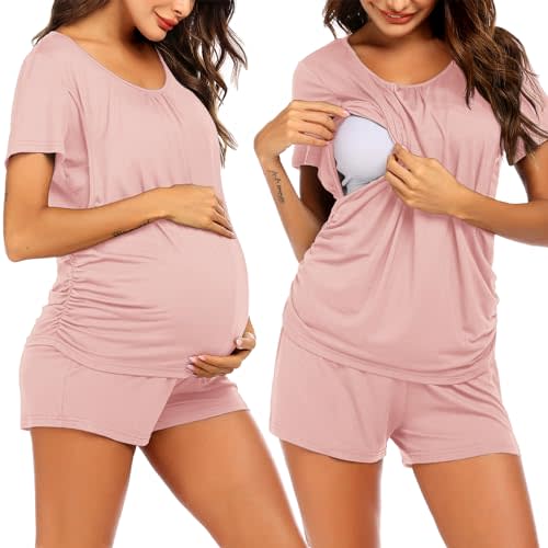 Ekouaer Women's Maternity Nursing Pajamas Set Breastfeeding Sleepwear Double Layer Short Sleeve Top & Shorts Pregnancy PJS
