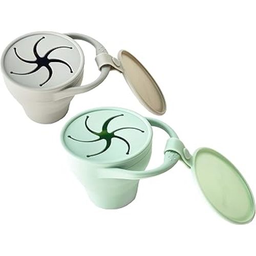 otterlove Collapsable Silicone Snack Container With Attachable Lid | 100% Pure LFGB Platinum Silicone with No Fillers | Snack Cup (2 Pack - Sage & Sand)