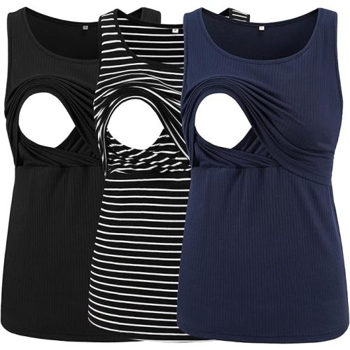 Ecavus Women's 3-Pack Ribbed Nursing Tank Tops Sleeveless Maternity Breastfeeding Shirts Double Layer Pregnancy Clothes