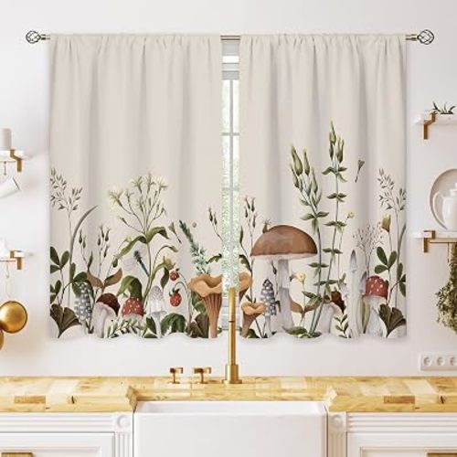 Vintage Mushroom Small Kitchen Curtains Leaves Botanical Window Treatment Rustic Mushroom Cafe Short Window Curtains for Bathroom Dining Laundry Room Beige Tier Treatment Drapes 27.5x39 inch