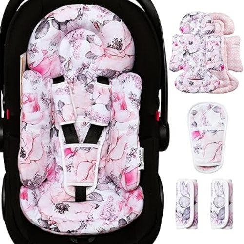 Infant Car Seat Insert, Enlarged Head Support For Baby Carseat, Reversible Newborn Insert With 3 Strap Covers, 2-in-1 Baby Car Seat Cushion for Stroller, Baby Swing, Bouncer, Rocker - Pink Floral