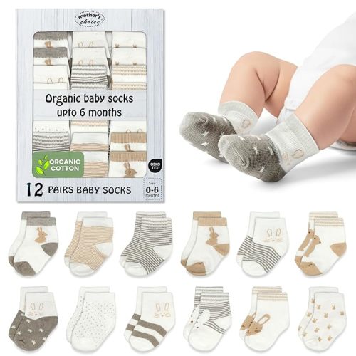Mother's Choice Organic Cotton Baby Socks 0–6 Months, 12 Pairs Newborn & Infant Socks Soft Hypoallergenic Breathable Gentle On Delicate Skin Stretch Fit Comfortable Daily Essentials For Little Ones