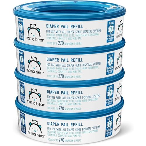 Amazon Brand - Mama Bear Diaper Pail Refills for Diaper Genie Pails, Unscented, 1080 Count (4 Packs of 270 Count)