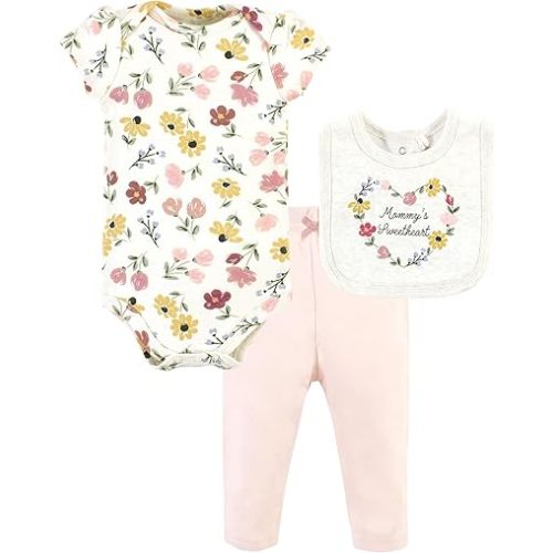 Hudson Baby Unisex Baby Cotton Bodysuit, Pant and Bib Set, Soft Painted Floral, 0-3 Months