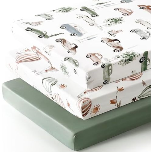 GRSSDER Pack n Play Sheets Fitted 3 Pack, Stretchy Ultra Soft Jersey Knit Pack and Play Sheets, Universal Fitted Portable/Mini Crib Mattresses Snug and Safe, Neutral Pattern of Cars Print