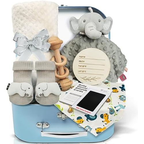 Baby Shower Gifts Set for Boys: Newborn Basket Kit 9 Pcs with Baby Blanket Rattle Bib and More - Unique and Personalized Baby Essentials for New Mom