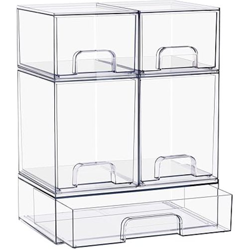Sorbus Acrylic Storage Containers - 5 Pack, Stackable Storage Bins Set for Bathroom Organization - Clear Acrylic Drawer Organizers - Makeup Case Pull-Out Drawers (7.6’’ and 4.4’’ Tall and 12.1’’ Wide)