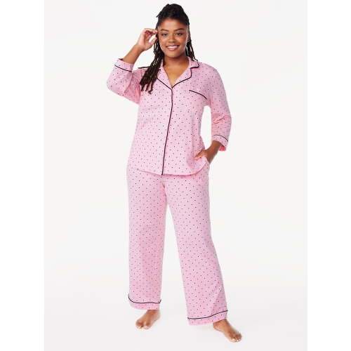 Joyspun Women’s Cotton Blend Notch Collar Top and Pants Pajama Set, 2-Piece, Sizes S-4X