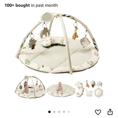 Fortella Baby Play Gym & Activity Mat, Tummy Time Mat w 5 Detachable Toys and Pillow, Large Sensory Playmat for Floor, Newborn Infant Baby Essentials Shower Gift 0-3-6-9-12 Months (Sage Green)