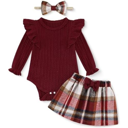 Weixinbuy Baby Girl Fall Skirt Outfits Toddler Long Sleeve Romper Plaid Skirt with Headband Newborn Infant 0-18M Clothes Set