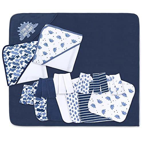 The Peanutshell Baby Hooded Towels and Washcloths Gift Bath Set, 23 Piece, Blue Dino
