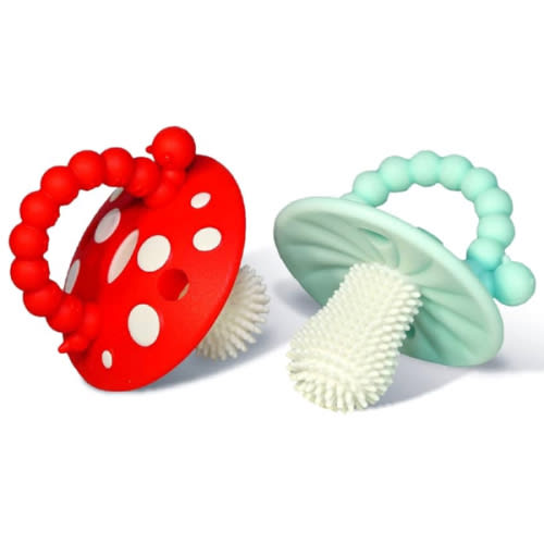 RaZbaby Chompy Teether – Soft Silicone Teething Toy for Infants & Babies 3M+, Massaging Bristles for Teething Relief, Hands-Free & Easy to Hold, Sensory Development, BPA-Free - Great Gift - Red/Blue