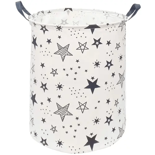 KUNRO Large Sized Round Storage Basket Waterproof Coating Organizer Bin Laundry Hamper for Nursery Clothes Toys (Black Star)