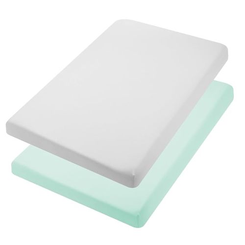 TILLYOU Mini Crib Fitted Sheets - Soft Knit Sheet for Pack N Play, Microfiber Mini Crib Sheets, Playpen Bedding Sheet for Baby 2 Pack, Machine Washable, 38'' x 24'', Light Green & Light Gray