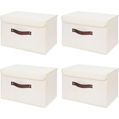 ANMINY 4PCS Storage Bins with Lid PU Leather Handles Storage Boxes PP Plastic Board Decorative Foldable Lidded Cotton Linen Fabric Home Cubes Baskets Closet Organizer Containers - Beige, Large Size
