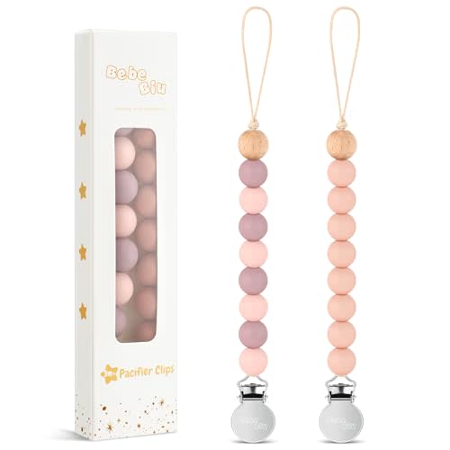 BebeBiu 2 Pack Pacifier Clips, Silicone Pacifier Clip for Baby Boys and Girls, Baby Pacifier Strap with Silicone Beads, Soother Dummy Holder, Pacifier Holder, Keeps Pacifier Clean (Mauve/Muted)