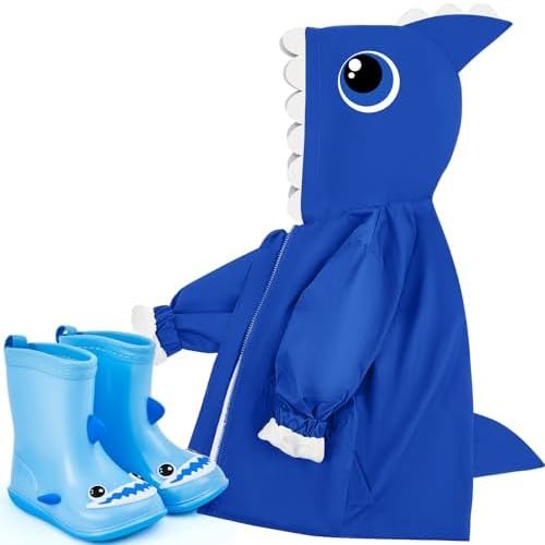 2 Pcs Toddler Raincoat Rain Boots Set Kids Baby Cartoon Hoodie Zipper Jacket Short Rain Shoes for Little Boys Girls