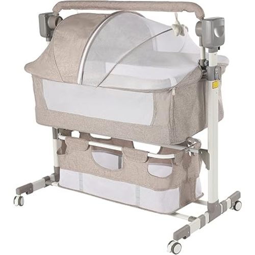 CNCEST Smart Electric Baby Bassinet Bedside Sleeper,Music Play,Automatic Cradle with 3 Speed Timing,5 Speed Wobbling,Portable Baby Bed Height Adjustable Crib,Nets+Mattresses