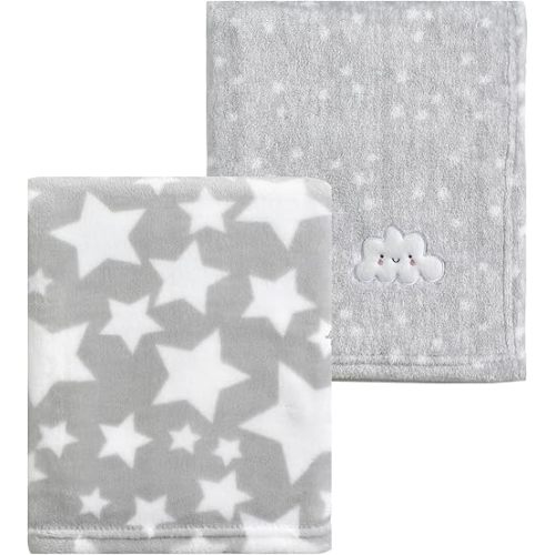 CREVENT 2Pcs 30''X40'' Cute Cozy Fluffy Warm Baby Blankets for Infants Toddlers' Bedding Crib Cot Stroller - Grey Cloud + Star