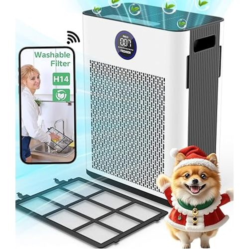 Air Purifier,FRESHDEW Air Purifiers for Home Up to 2300ft² With Smart WiFi,Air Sensors,Double-sided Air Inlet,H14 True HEPA Air Washable Filters,Odor,Smoke,Dust,Pollen,Pet Dander with Timer 22dB