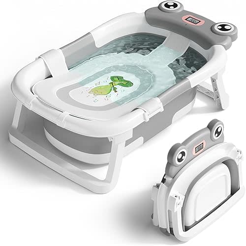 Baby Bathtub, Collapsible Newborn Bathtub for Infant to Toddler 0-24 Months with Soft Cushion and Thermometer,Portable Travel Bathtub, Foldable Infant Bathtub with No-Slip Feet, Grey