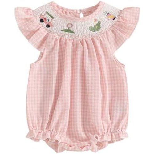 Newborn Baby Girl Golf Outfit Golf Cart Embroidery Sleeveless Ruffle Smocked Bubble Romper Infant Summer Jumpsuit