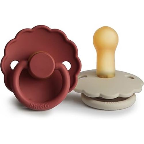 FRIGG Daisy Natural Rubber Baby Pacifier | Made in Denmark | BPA-Free (Baked Clay/Cream, 6-18 Months) 2-Pack
