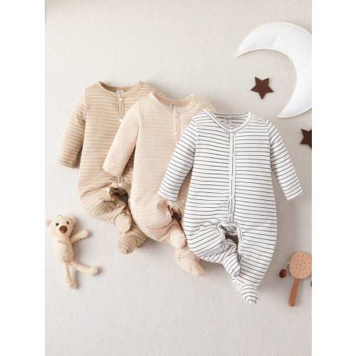 Baby 3pcs Striped Button Front Footed Jumpsuit