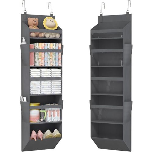 Lifewit 1 Pack Over the Door Organizer, 5 Section Clear Window Hanging Storage with 4 Side Pockets, Sturdy Anti Tilt 40 lbs Load Behind Door for Closet, Bedroom, Bathroom, Nursery, Dorm, Dark Gray