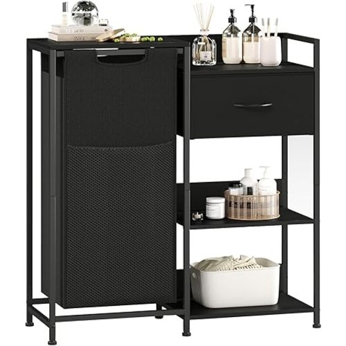 Somdot Laundry Hamper with Fabric Drawer and Shelves, Laundry Basket Sorter with 15.8 Gallons (60L) Pull-Out and Removable Bag, Black