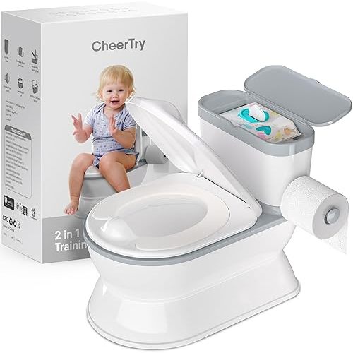 2-in-1 Toddler Potty Training Toilet - Larger Potty Chair & Detachable Training Seat for Boys & Girls Ages 1-3 with Flushing Sound, Wipes Storage, Toilet Paper Holder - Grey