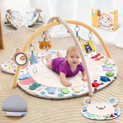 Baby Play Gym, Thickened and Non Slip Activity Mat, 5 Developmental Zones Tummy Time Mat with 5 Detachable Sensory Toys for Motor Skills, Baby Essentials Shower Gift Box(Bear)