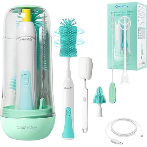 Electric Bottle Cleaner, Rechargeable Baby Bottle Cleaner Set for Travel, Waterproof with 2 Brush Heads, Straw Brush, Mixing Head, Storage Box