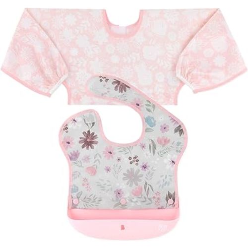 Bumkins Silicone Bibs for Girl or Boy, Baby and Toddler 6-24 Mos, Essential Must Have for Eating, Feeding, Combination Fabric SuperBib and Long Sleeve with Attachable Pocket Food Catcher, Floral Gray