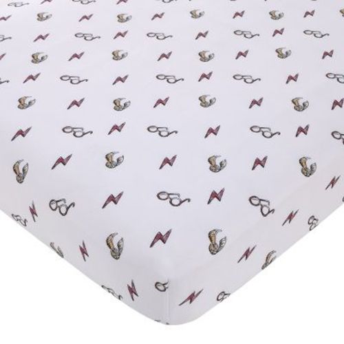 NoJo Warner Bros. Harry Potter White, Red, and Gold Lightning Bolt, Golden Snitch, and Glasses Nursery Fitted Crib Sheet
