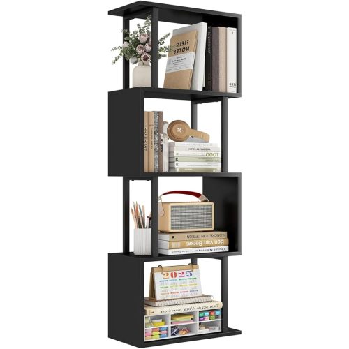 Gadroad 4-Tier Bookshelf, Narrow S-Shaped Geometric Bookcase, Wood Decorative Storage Shelving, Modern Freestanding Display Shelves, Book Shelf Unit for Living Room Bedroom Home Office, Black