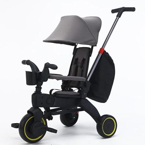 Baby Tricycle,5 in 1 Compact Folding Toddler Bike w/Removable Push Handle,Foldable Tricycle,Rotatable Seat,Canopy,Safety Harness,Storage Hanging Bag,Trike for 1-3 Year Old,Tricycle for Toddlers (Gray)