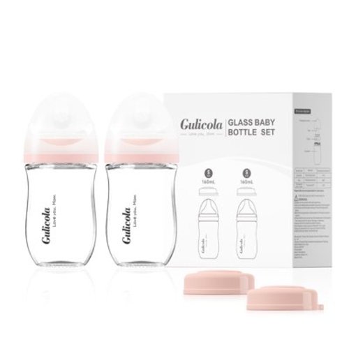 Gulicola Natural Glass Baby Bottle for Breastfeeding, Wide Neck with Slow Flow Nipple, 1 Months+, 5 oz, 2 Pack - Pink