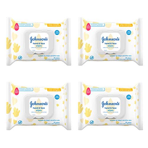 Johnson's Baby Hand & Face Baby Sanitizing Cleansing Wipes for Travel and On-The-Go, No More Tears Formula, Paraben and Alcohol Free, 25 ct, Case of 4
