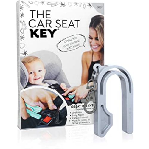 The Car Seat Key - Original Car Seat Key Chain Buckle Release Tool - Easy Unbuckle Opener Aid for Nails, Parents, Grandparents & Older Children by NAMRA Made in USA (Grey)