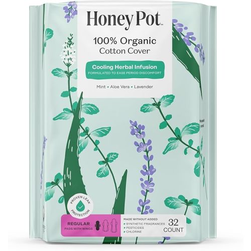 Honey Pot - Herbal Sanitary Pads for Women - Regular Flow w/Wings - Infused w/Essential Oils for Cooling Effect & Organic Cotton Cover – Medium Pack - Feminine Care - 32 ct