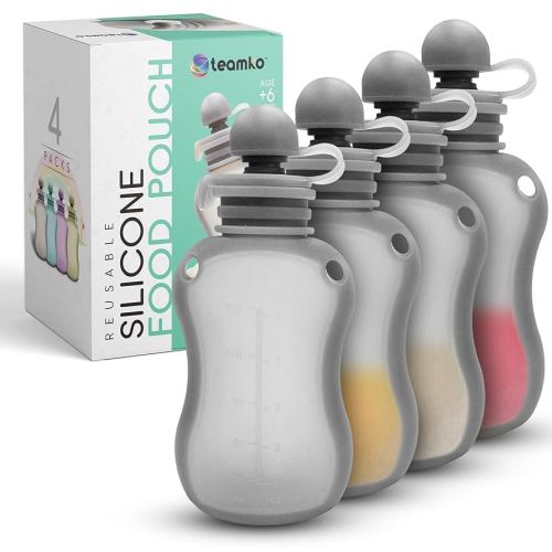 TEAMKO Silicone Reusable Baby Food Pouches: BPA-Free & Eco-Friendly, 5 oz Refillable Pouches for Toddlers & Babies (4-Pack)