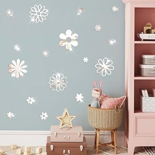 Acrylic Mirror Wall Stickers 3D Daisy Flower Wall Decor Stickers Removable Small Floral Mirror Wall Decals Silver Acrylic Wall Stickers Wild Flower Wall Decals For Nursery Kids Bedroom Decor