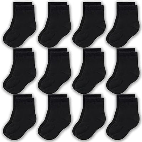 CozyWay Toddler Socks Crew Comfy Cotton Socks For Girls and Boys Soft & Breathable - 3T-5T Unisex Black - 12 Pack