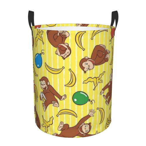 Laundry Basket with Handles Curious George Circular Hamper Dirty Clothes Storage Basket For Home Bathroom Medium