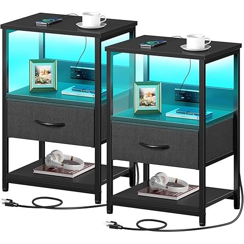 Seventable Nightstand Set of 2, LED Bedside Tables with Charging Station and Fabric Drawer, Night Stand with Storage, 3 Tier Bed Side End Table with Open Shelf for Bedroom, Living Room, Black