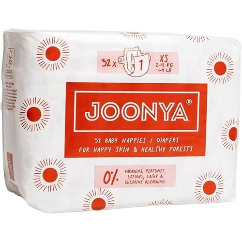 Joonya Baby Diapers, Size 1 XS (4-9 lb) - 1 Bag of 32 - New Range - NonToxic, Eco-Friendly, Ultra Slim, Overnight Use - Made in Denmark