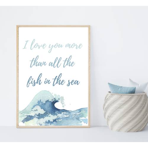 I love you more than all the fish in the sea, beach baby wall art, nursery sign, coastal, nautical, nursery decor, 11x14 print,
